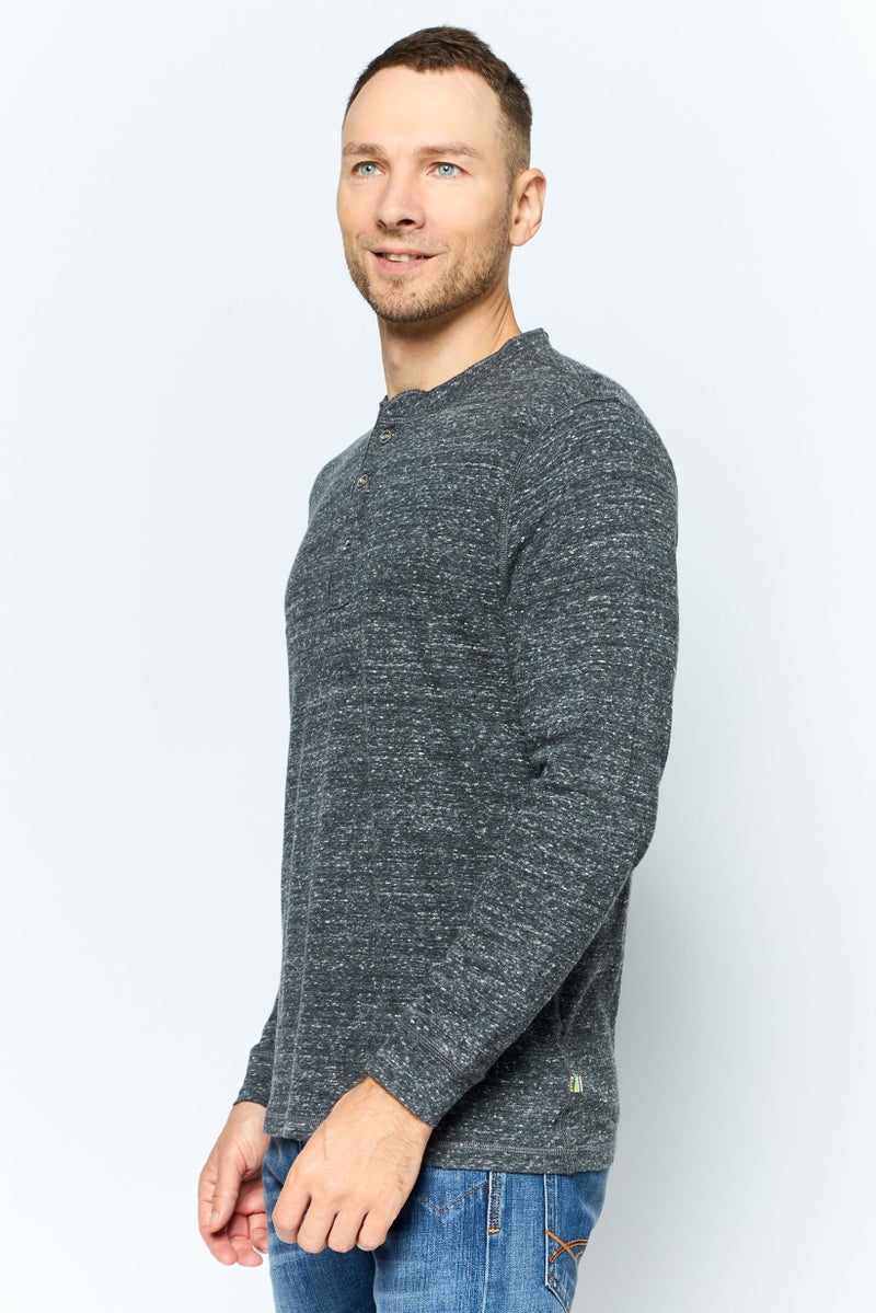 TRUE GRIT Men Henley Neckline Long Sleeve Heather T-Shirt, Black - Image 2