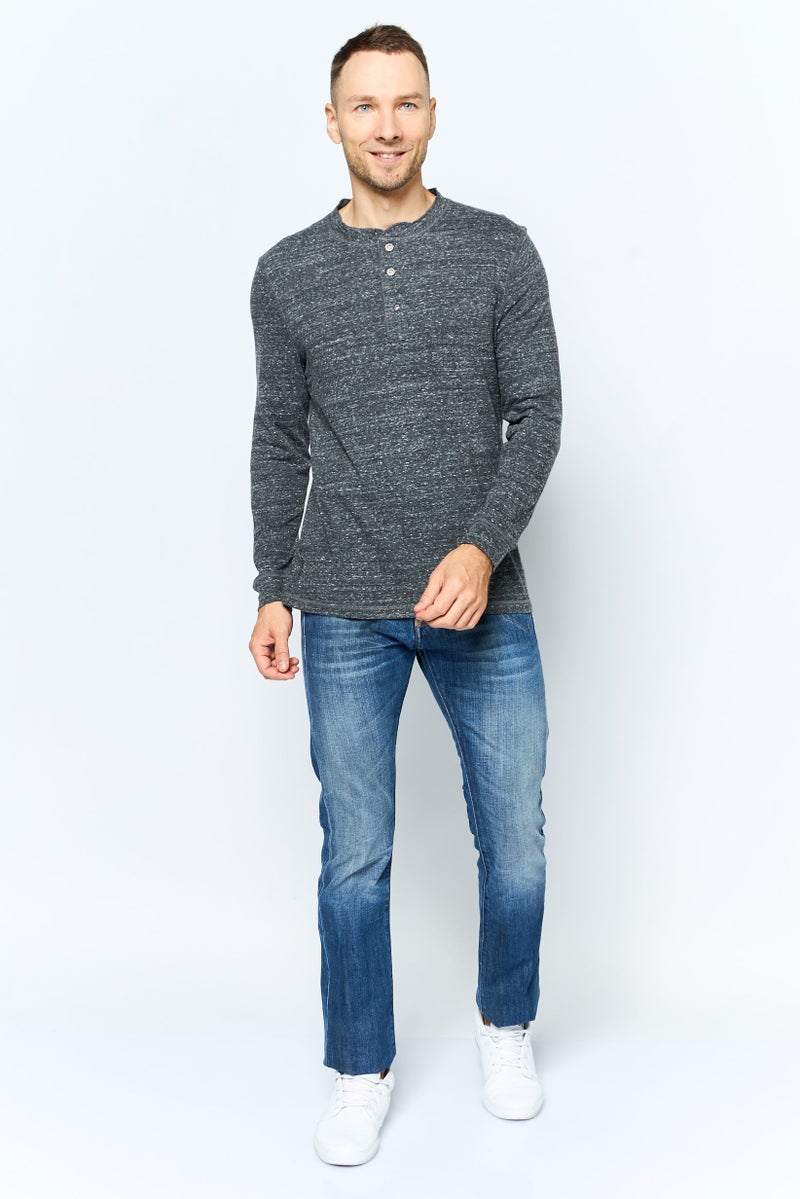 TRUE GRIT Men Henley Neckline Long Sleeve Heather T-Shirt, Black - Image 4