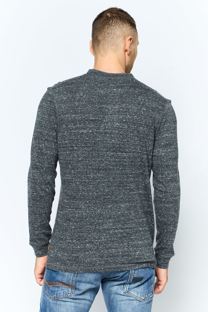 TRUE GRIT Men Henley Neckline Long Sleeve Heather T-Shirt, Black - Image 3