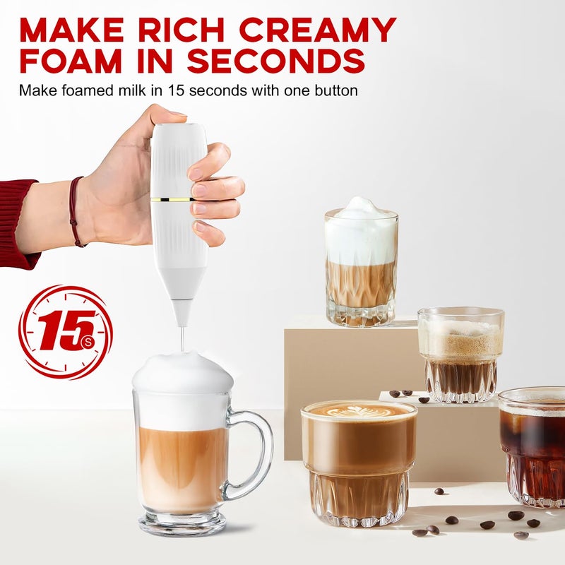 Homexup Handheld Milk Frother 14,000 RPM Drink Mixer Wand with Stand & Stirring Spoon Quiet One-Button Operation, Non-Slip Handle, Detachable Whisk Head for Coffee, Lattes, Cappuccinos, Matcha (White) - Image 3