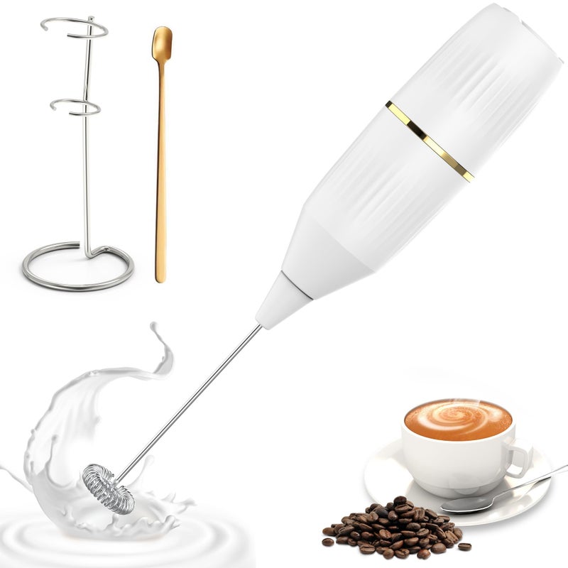 Homexup Handheld Milk Frother 14,000 RPM Drink Mixer Wand with Stand & Stirring Spoon Quiet One-Button Operation, Non-Slip Handle, Detachable Whisk Head for Coffee, Lattes, Cappuccinos, Matcha (White) - Image 1