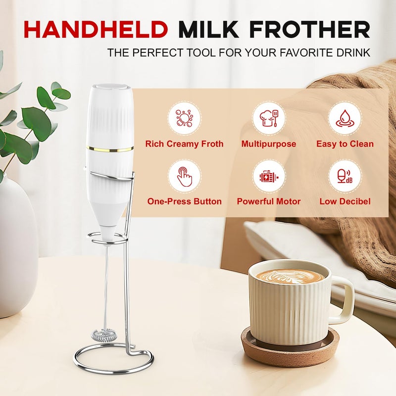 Homexup Handheld Milk Frother 14,000 RPM Drink Mixer Wand with Stand & Stirring Spoon Quiet One-Button Operation, Non-Slip Handle, Detachable Whisk Head for Coffee, Lattes, Cappuccinos, Matcha (White) - Image 2