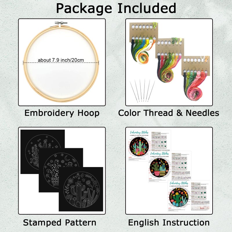Nuberlic 3 Pack Embroidery Kit for Beginner Adults, Stamped Cross Stitch with Cactus Patterns Include 3 Hoop, Cloth Thread Needles and Instructions - Image 3