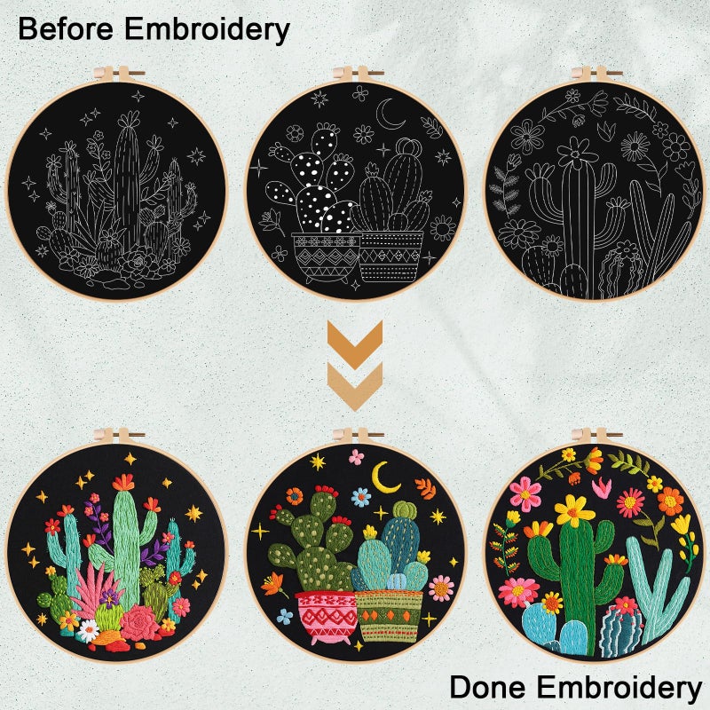 Nuberlic 3 Pack Embroidery Kit for Beginner Adults, Stamped Cross Stitch with Cactus Patterns Include 3 Hoop, Cloth Thread Needles and Instructions - Image 5