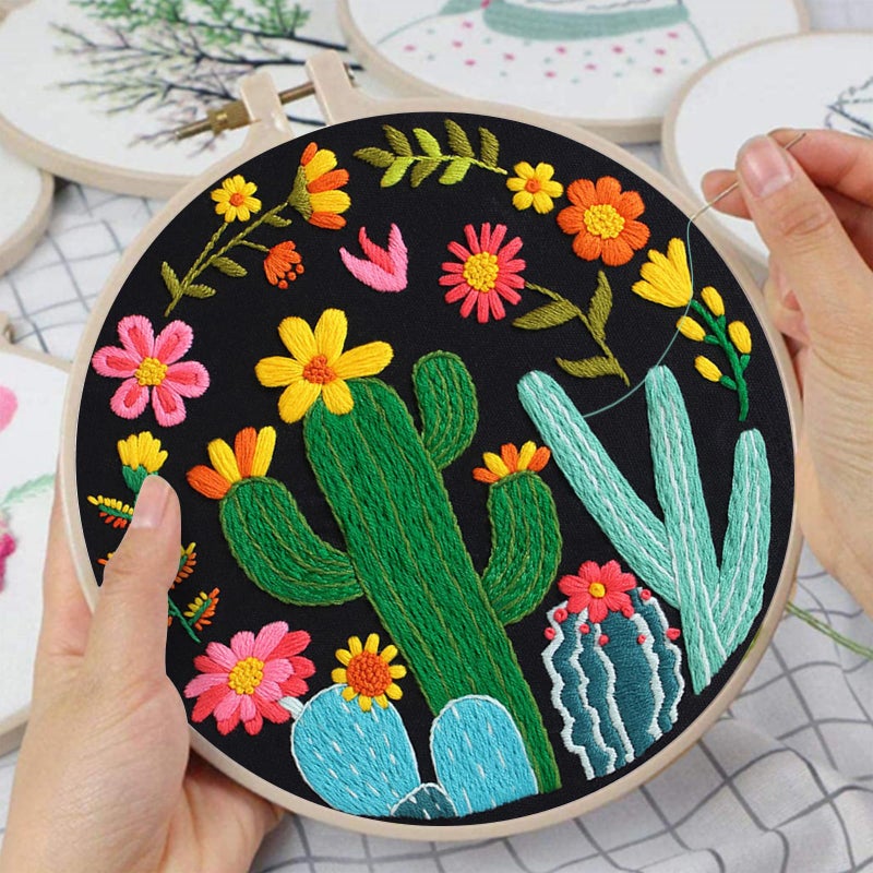 Nuberlic 3 Pack Embroidery Kit for Beginner Adults, Stamped Cross Stitch with Cactus Patterns Include 3 Hoop, Cloth Thread Needles and Instructions - Image 4