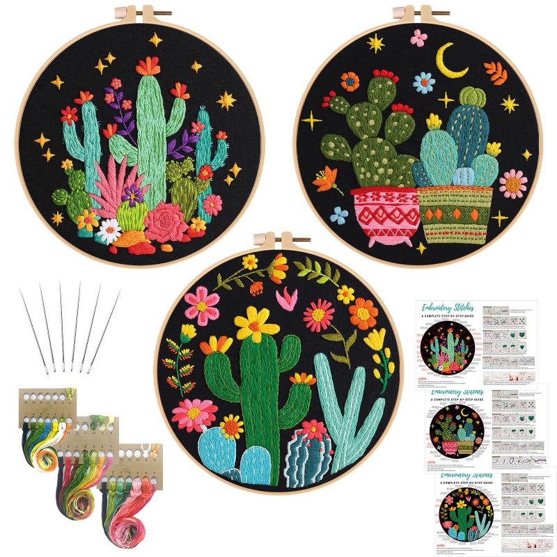 Nuberlic 3 Pack Embroidery Kit for Beginner Adults, Stamped Cross Stitch with Cactus Patterns Include 3 Hoop, Cloth Thread Needles and Instructions - Image 1