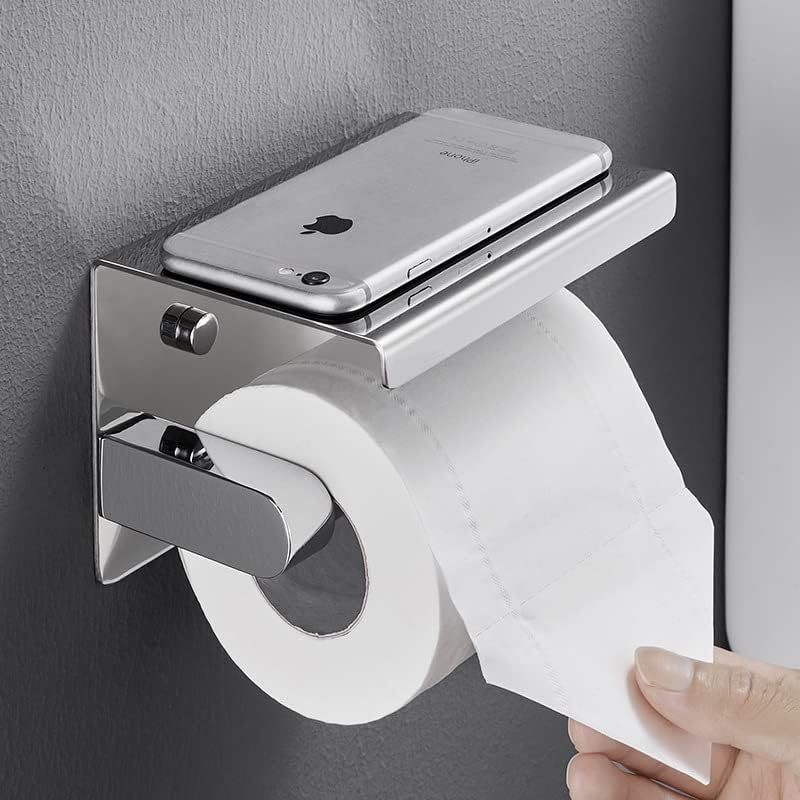 No brands Toilet Paper Holder Self Adhesive and Wall Mounted Tissue Roll Paper Rack Stand Stainless Steel with Mobile Phone Storage Shelf Kitchen Bathroom Roll Holders - Image 3