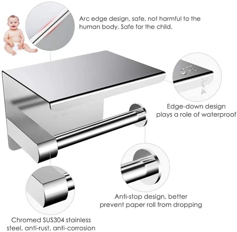 No brands Toilet Paper Holder Self Adhesive and Wall Mounted Tissue Roll Paper Rack Stand Stainless Steel with Mobile Phone Storage Shelf Kitchen Bathroom Roll Holders - Image 2