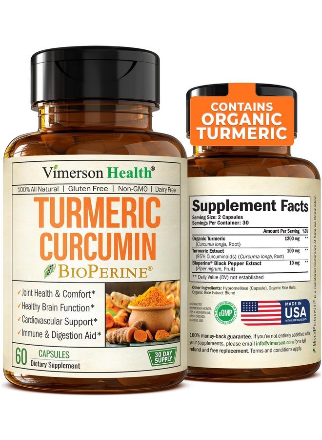 Vimerson Health Turmeric Supplement - Turmeric Curcumin Supplement with 1200mg Organic Tumeric Root & Bioperine for Joint Support. 95% Curcuminoids. Premium Tumeric Curcumin with Black Pepper. Non-GMO. Vegan. 60 Caps - Image 1