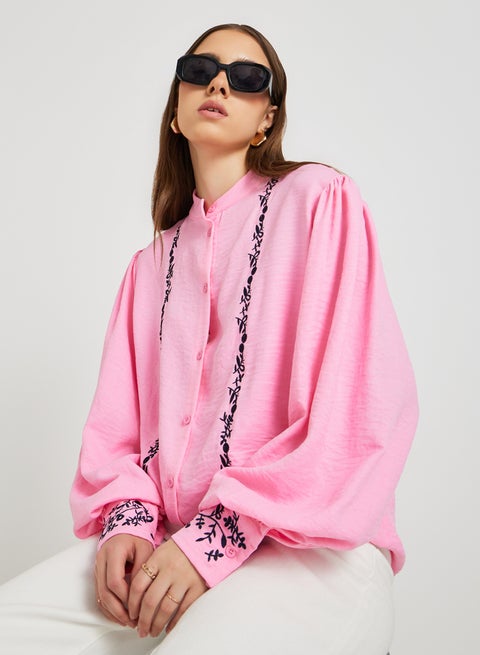 Take Two Floral Embroidered Balloon Sleeve Shirt