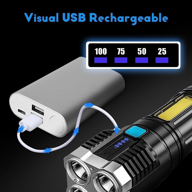HEVIR 4 in 1 LED Torch Lights Rechargeable Emergency Torch Light 3W USB Charge Flashlight High Power Long Distance Beam Range 4 Mode Waterproof Torch for Outdoor Indoor Hiking Walking Camping - Image 3