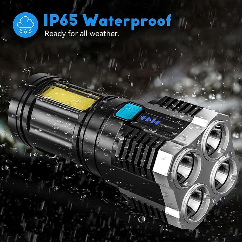 HEVIR 4 in 1 LED Torch Lights Rechargeable Emergency Torch Light 3W USB Charge Flashlight High Power Long Distance Beam Range 4 Mode Waterproof Torch for Outdoor Indoor Hiking Walking Camping - Image 2