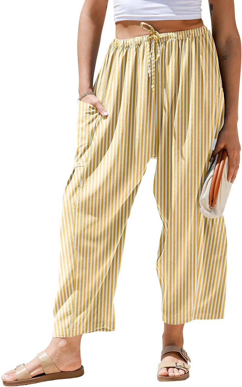 TARSE Womens Linen Wide Leg Striped Pants Casual Barrel Loose Drawstring Low Waist Palazzo Harem Pants with Pockets(YellowWhite,XL) - Image 1