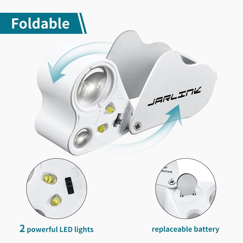 JARLINK 30X 60X Illuminated Jewelers Loupe Magnifier, Foldable Jewelry Magnifier with Bright LED Light for Gems, Jewelry, Coins, Stamps, etc - Image 4
