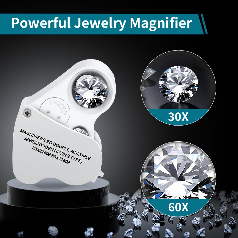 JARLINK 30X 60X Illuminated Jewelers Loupe Magnifier, Foldable Jewelry Magnifier with Bright LED Light for Gems, Jewelry, Coins, Stamps, etc - Image 2