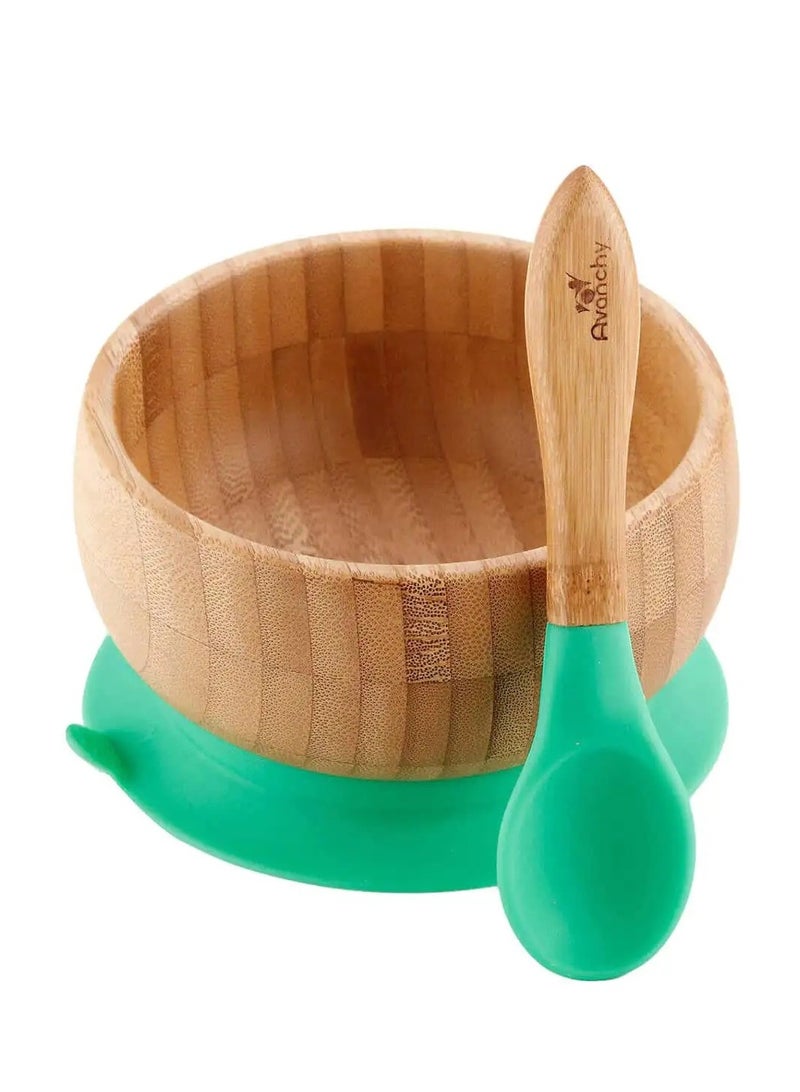Avanchy Baby Bamboo Stay Put Suction Bowl Plus Spoon Green