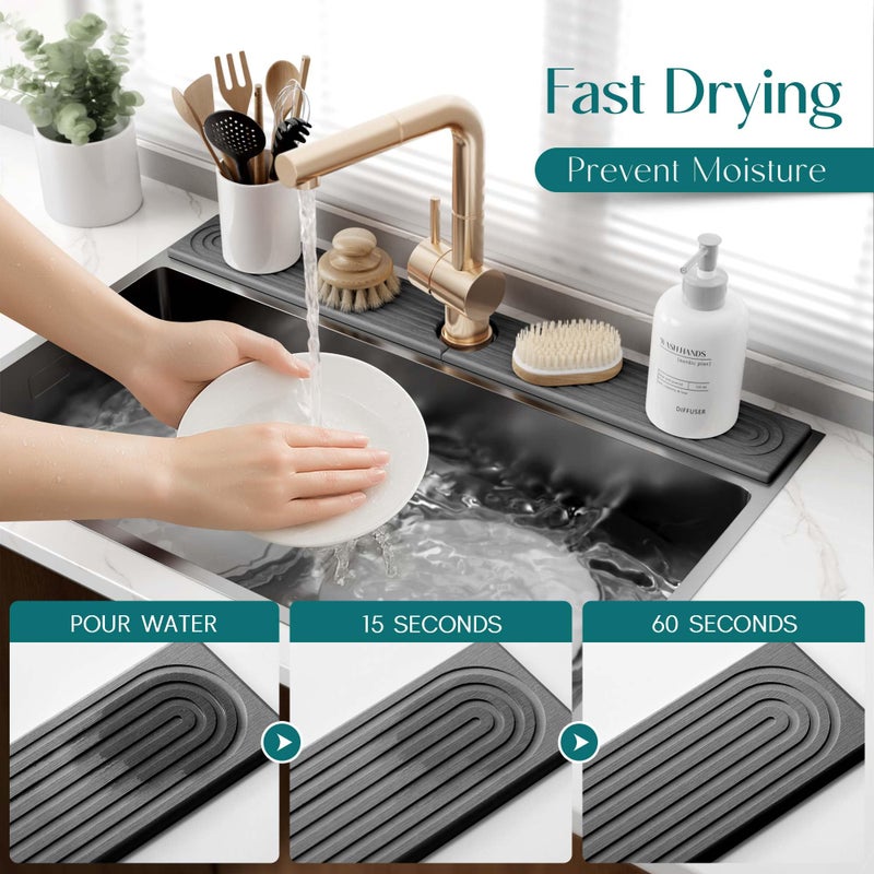 eormoe 30 inch Kitchen Faucet Absorbent Mat - Diatomaceous Earth Splash Guard for Sink Faucet, Aesthetic Water Absorbing Stone Tray in The Modern Home (30" x 3.9", Dark grey) - Image 3