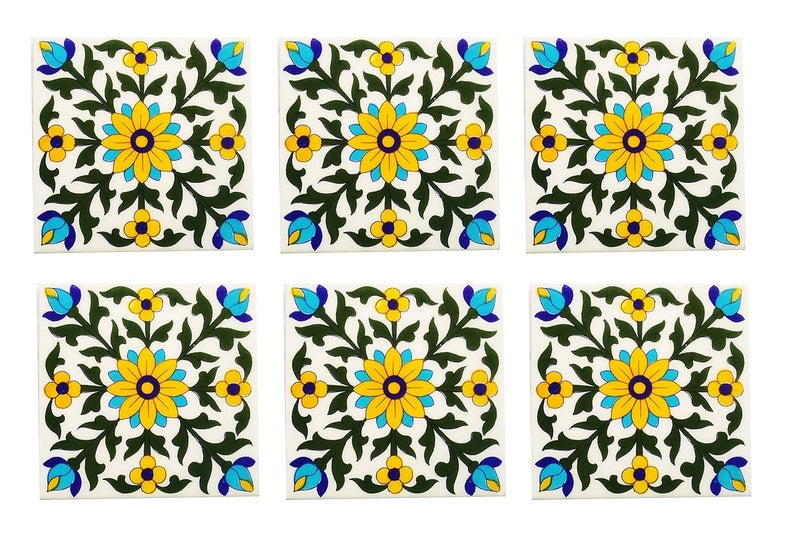 Shiv Kripa Blue Art Pottery Traditional Handmade Decorative Ceramic Tiles 6 X 6 INCHPack of 6 Tiles