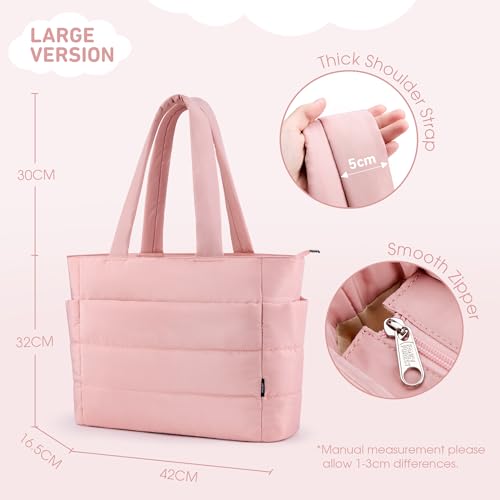 KALIDI Quilted Tote Bag, Carryall Puffer Messenger Laptop Bag Padded Shoulder Large Anti Splash Zipper Casual Work Gym Women, Light Pink - Image 4