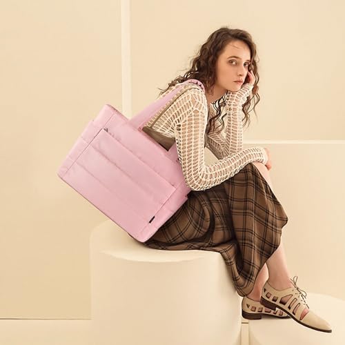 KALIDI Quilted Tote Bag, Carryall Puffer Messenger Laptop Bag Padded Shoulder Large Anti Splash Zipper Casual Work Gym Women, Light Pink - Image 3