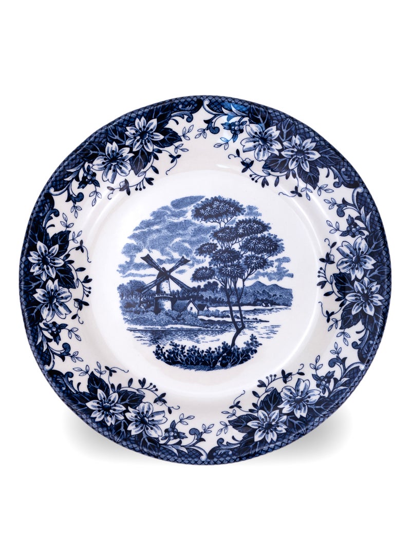Claytan Earthenware Classic Blue Windmill & Floral Pattern Salad Plate, 8.1 Inch, White | Premium Dessert, Appetizer & Side Plate | Vintage Tableware for Home, Office, Café & Gifting - Image 1