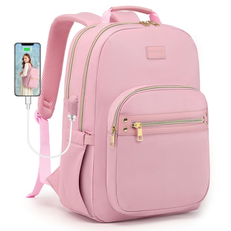 bagswan Laptop Backpack for Women Bookbag Cute Pink School Backpack for Teen Girls Nurse Bags Work Backpack Teacher Back Pack Waterproof 15.6 inch with USB Charging Port - Image 1