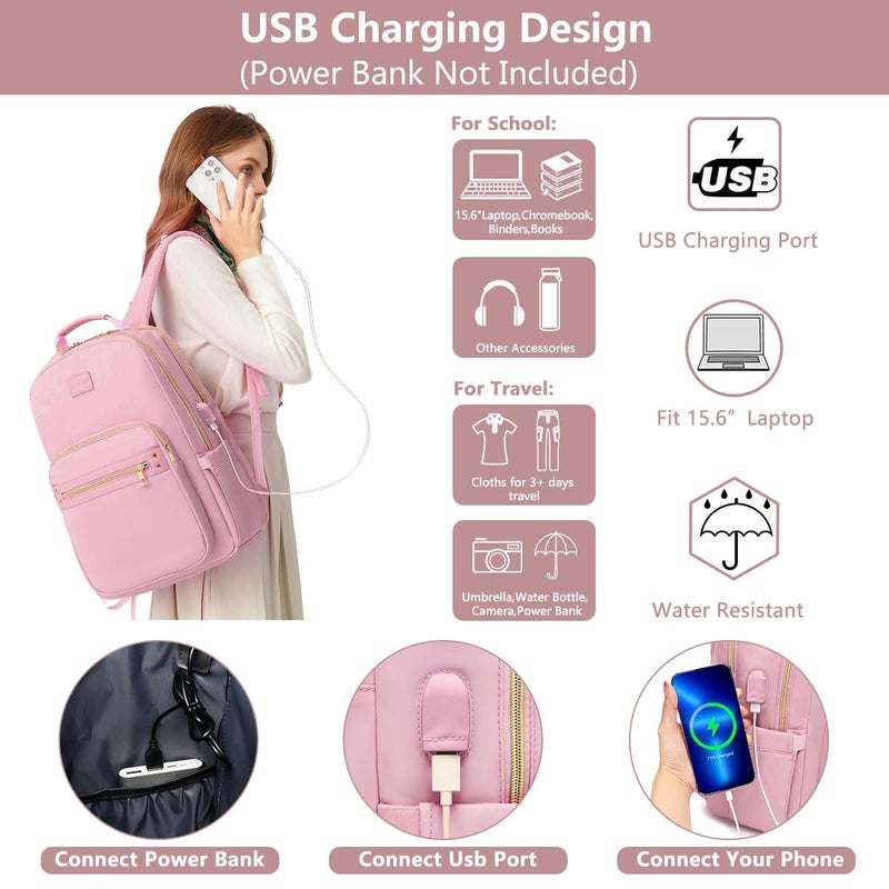 bagswan Laptop Backpack for Women Bookbag Cute Pink School Backpack for Teen Girls Nurse Bags Work Backpack Teacher Back Pack Waterproof 15.6 inch with USB Charging Port - Image 3