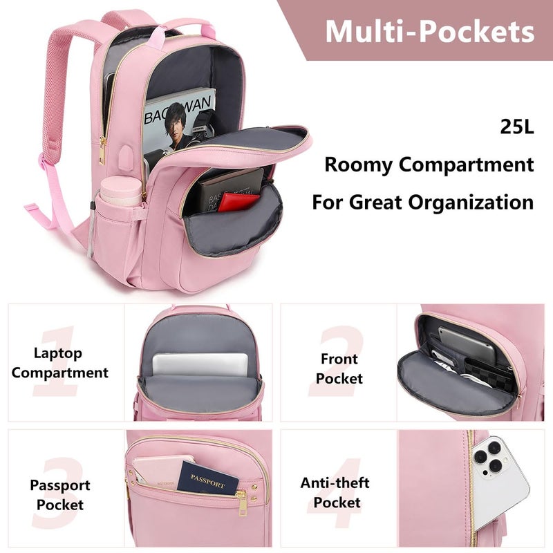 bagswan Laptop Backpack for Women Bookbag Cute Pink School Backpack for Teen Girls Nurse Bags Work Backpack Teacher Back Pack Waterproof 15.6 inch with USB Charging Port - Image 5