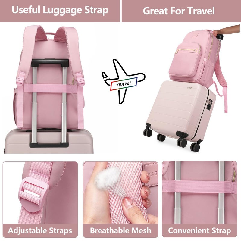 bagswan Laptop Backpack for Women Bookbag Cute Pink School Backpack for Teen Girls Nurse Bags Work Backpack Teacher Back Pack Waterproof 15.6 inch with USB Charging Port - Image 4