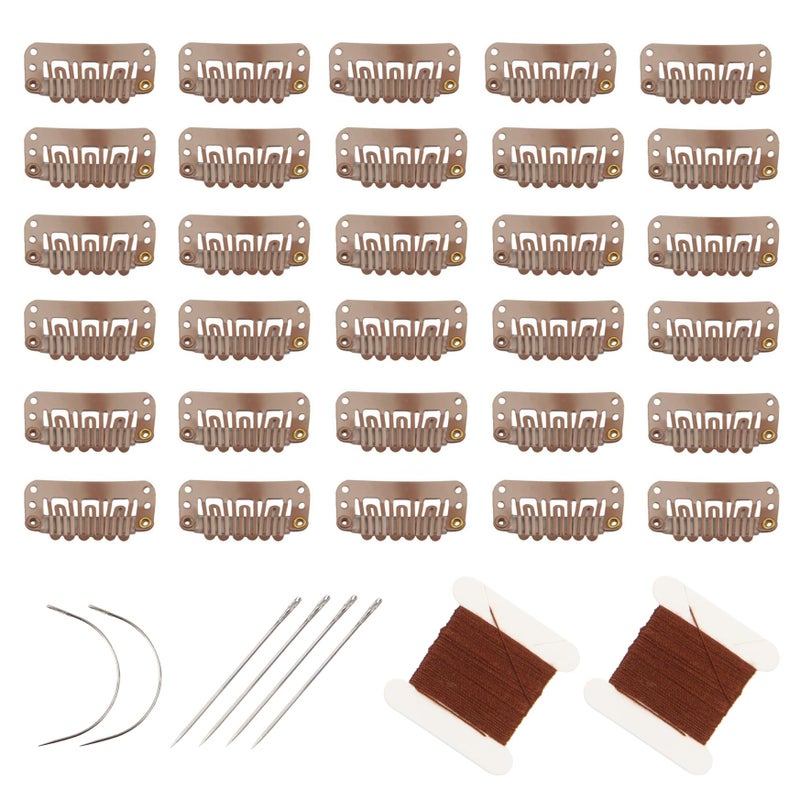 FeiHong 30pcs Hair Extension Clips U-Shape Stainless Steel Snap Clips for Wigs and Hair Extensions and Hairpieces, 6pcs Sewing Needles and 2pcs Thread (Light Brown) - Image 1