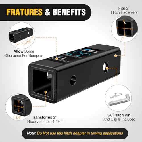 Nilight Trailer Hitch Receiver Adapter Reducer Sleeve 2 to 1-1/4 Inch with 5/8" Hitch Pin and Clip Hitches Towing Accessories for Tractor Bucket RV UTV Truck Bike Rack Cargo Carriers Carbon Steel - Image 4