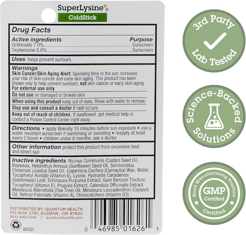 Quantum Health SuperLysine+ ColdStick Lip Sunscreen with SPF 21 - Soothes, Moisturizes, and Protects Lips - 0.17 Ounce - Image 2