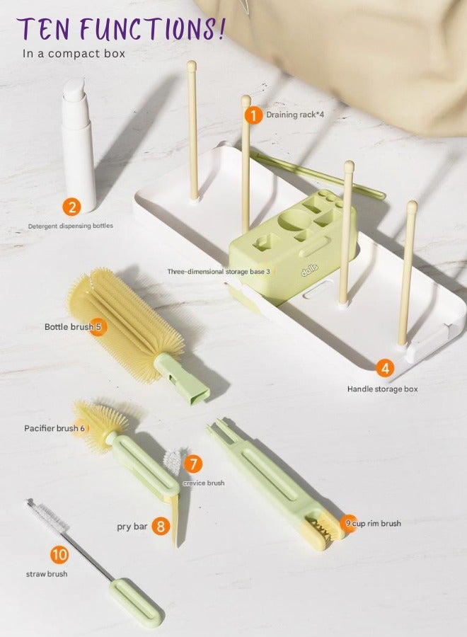 turtees Bottle Brush Set - Baby Bottle Cleaner Kit with Silicone Brush, Nipple Brush, Straw Brush, Soap Dispenser, Drying Rack - 7 in 1 Bottle Cleaning Tool for Home and Travel - Image 1