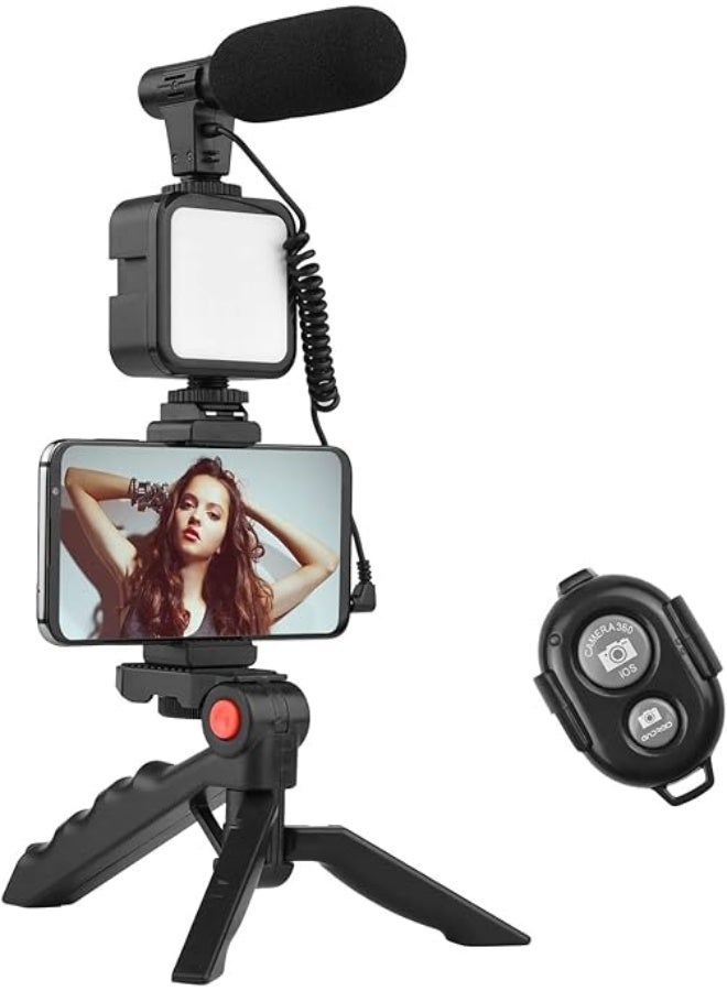 كيت تصوير فيديو للموبايل – حامل موبايل مكتبي مع ميكروفون وإضاءة LED وريموت تصوير - Image 1