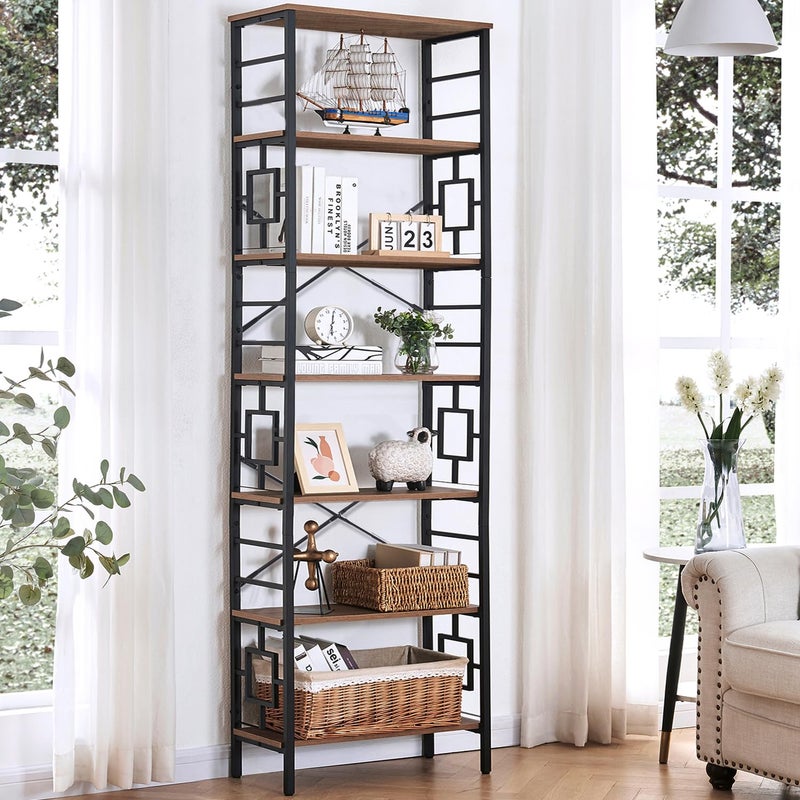 HOMISSUE Tall Bookshelf 84 Inch Industrial Bookshelf with Metal Frame and Open Shelves 7 Tier Metal Bookshelves and Bookcases Rustic Tall Book Shelf for Office Living Room and Bedroom Brown