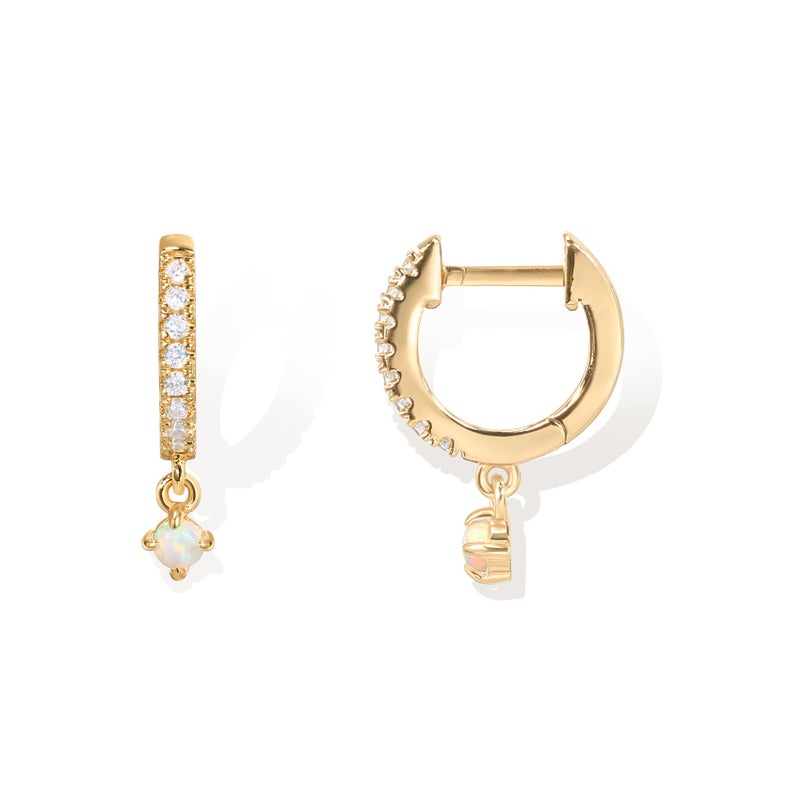PAVOI 14K Gold Plated 925 Sterling Silver Post Huggie With Dangle | Small Gold Hinged Hoop Earrings For Women | Trendy Hoop CZ Huggie Earrings (Opal, Yellow) - Image 1