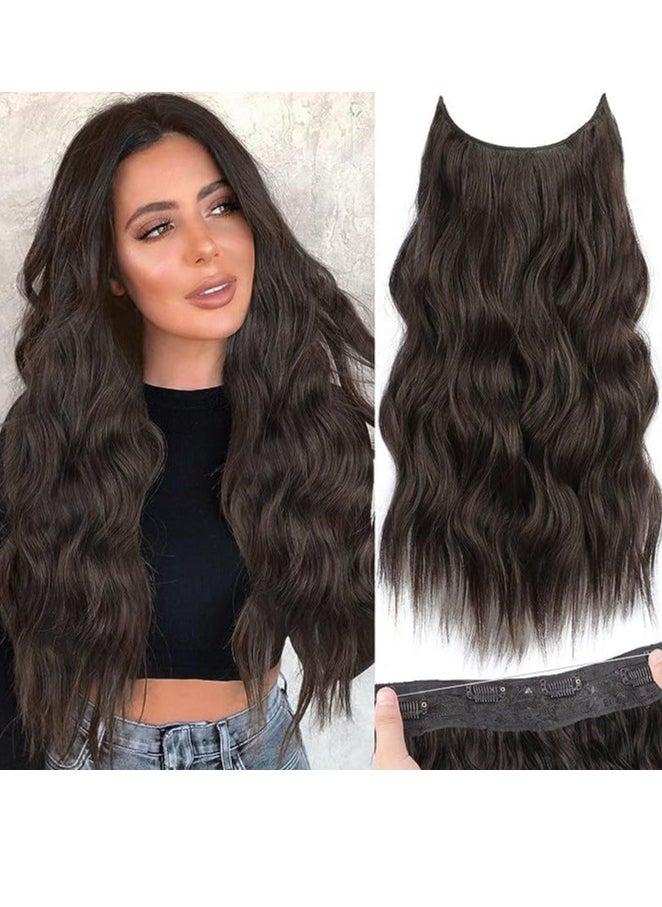 Generic Showday Long Wavy Halo Hair Extensions with Transparent Fish Line Synthetic Hairpiece 20 Inch with 4 Secure Clips Adjustable Invisible Wire Headband for Women (Dark Brown)  - Image 1