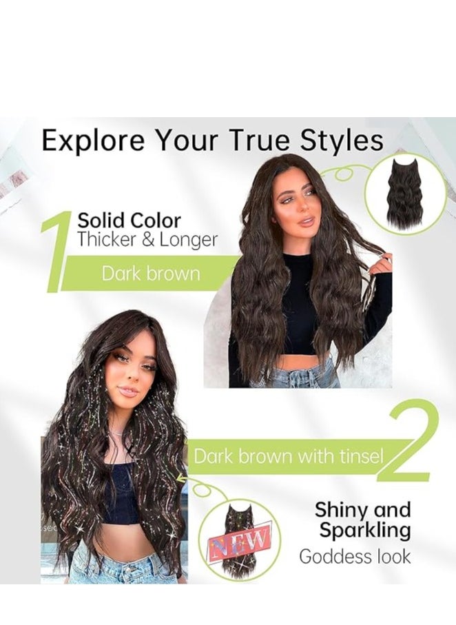 Generic Showday Long Wavy Halo Hair Extensions with Transparent Fish Line Synthetic Hairpiece 20 Inch with 4 Secure Clips Adjustable Invisible Wire Headband for Women (Dark Brown)  - Image 4