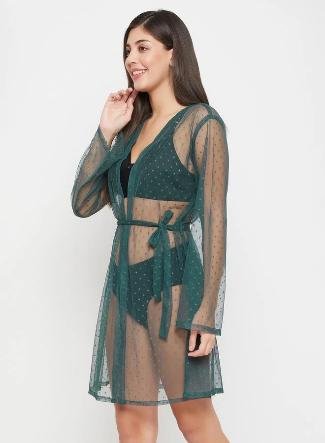Clovia Clovia Dobby Sheer Robe with Tie Belt