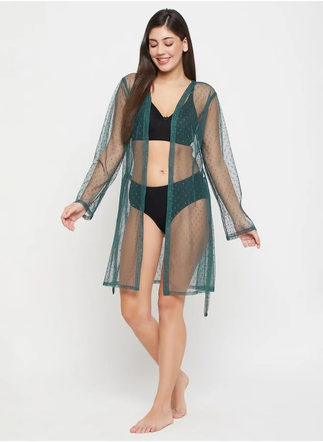 Clovia Dobby Sheer Robe with Tie Belt