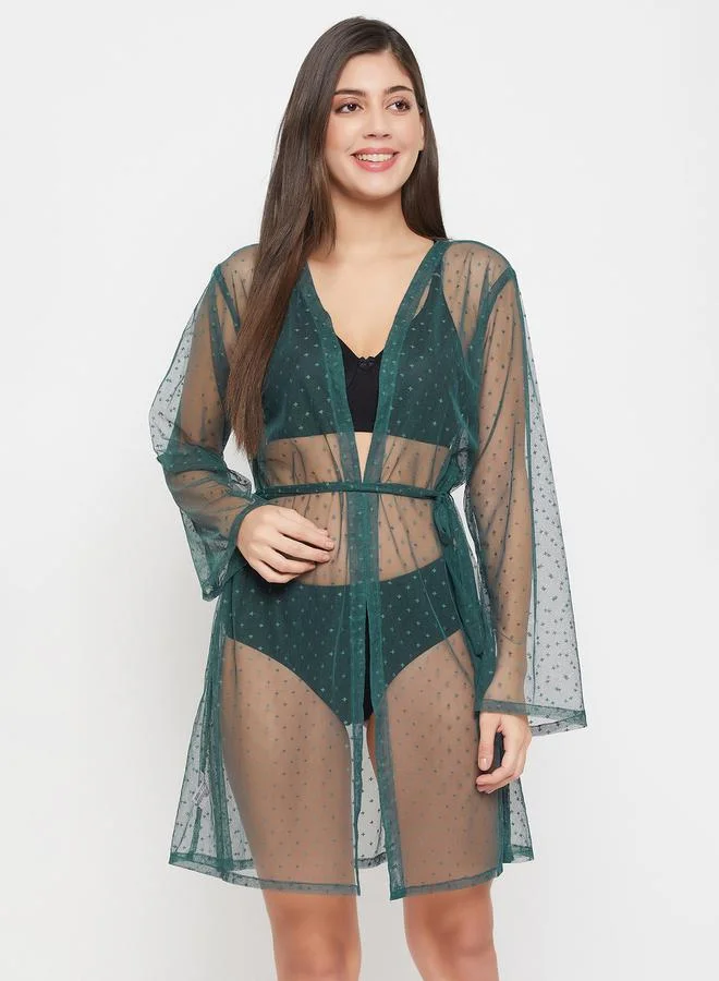 Clovia Clovia Dobby Sheer Robe with Tie Belt