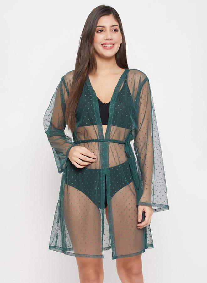 Clovia Clovia Dobby Sheer Robe with Tie Belt  - Image 5