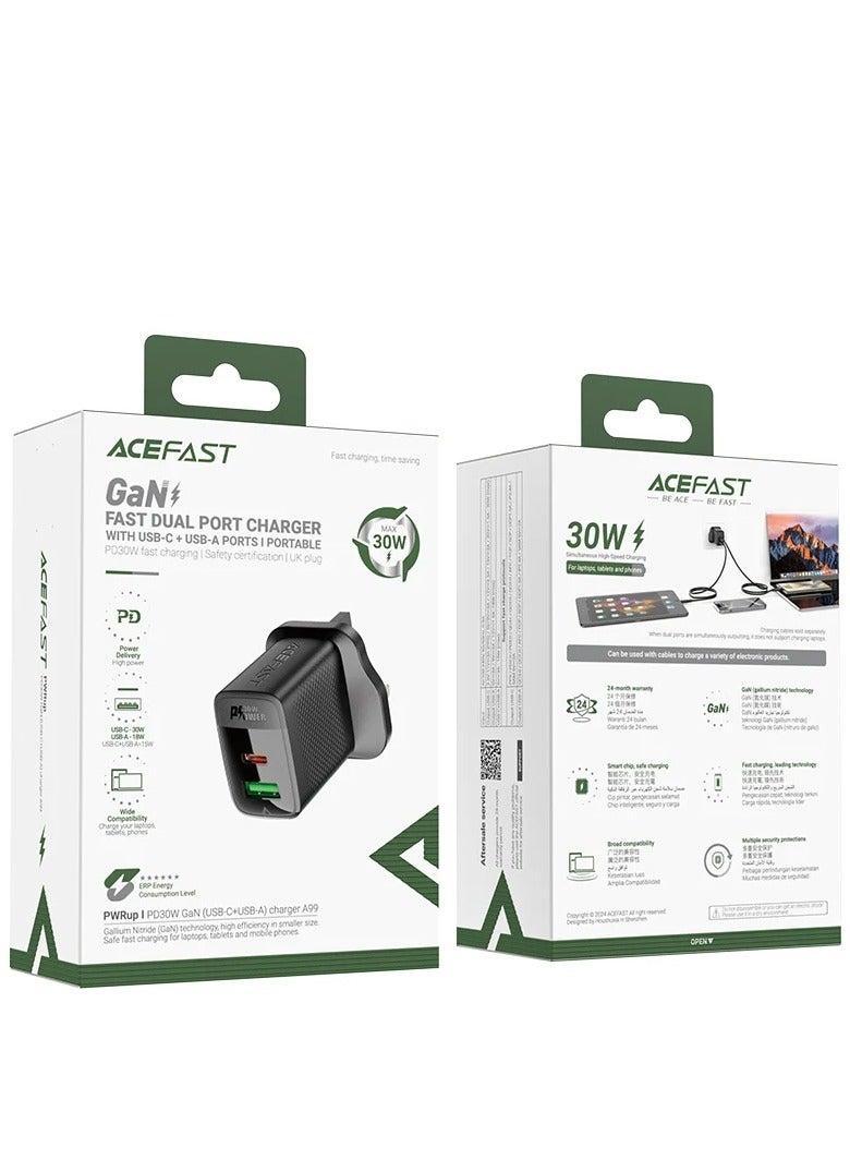 Acefast A99 PD30W GaN (USB-C+USB-A) charger,black (UK) - Image 2