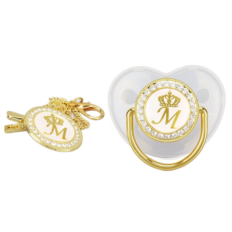 Focket مشابك مصاصة للبنات 26 حرف من الكريستال لمصاصة الأطفال مع حرف الاسم الأول مصاصة متلألئة منحنية للبنات حديثي الولادة مشابك مصاصة للبنات هدايا حفلات الأطفال أ,  - Image 1