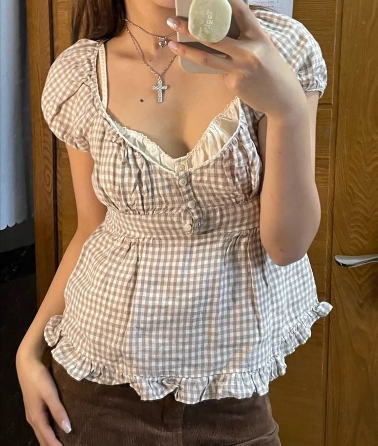 New Ruffled Bubble Sleeve Short Sleeve Retro Sweet Lace Three Button T-Shirt - Image 1