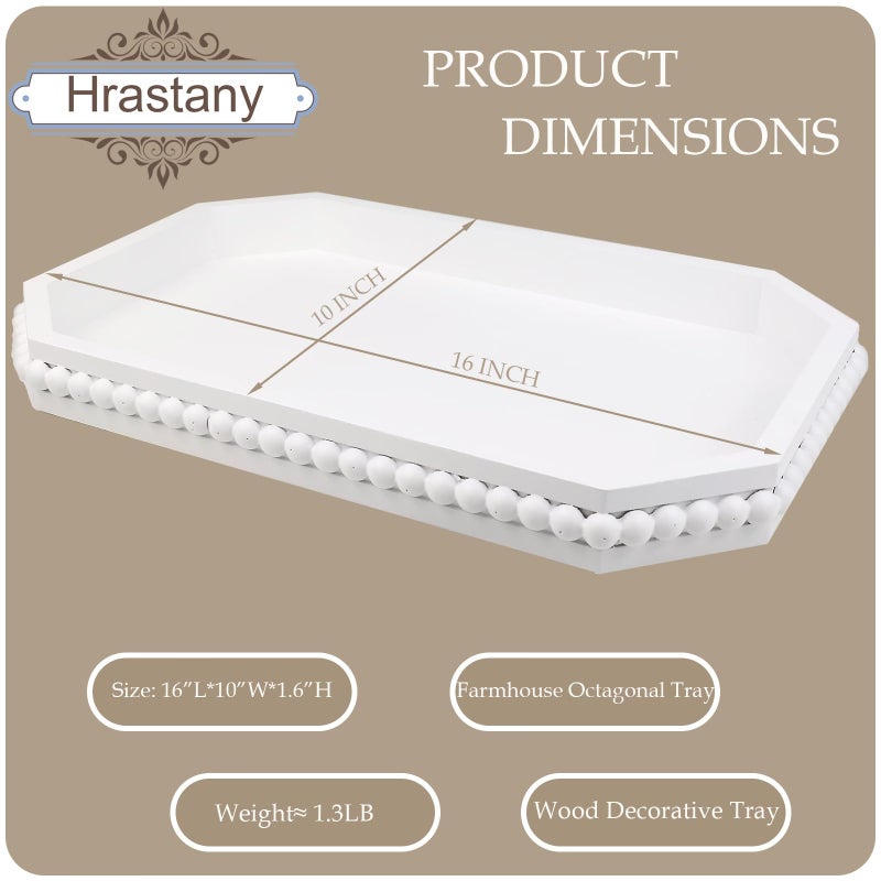Hrastany White Wood Serving Tray with Beads, Farmhouse Decorative Tray for Table Centerpiece, Christmas Wedding Halloween Home Decor - Image 2