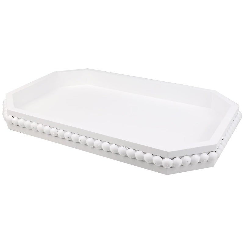 Hrastany White Wood Serving Tray with Beads, Farmhouse Decorative Tray for Table Centerpiece, Christmas Wedding Halloween Home Decor - Image 1