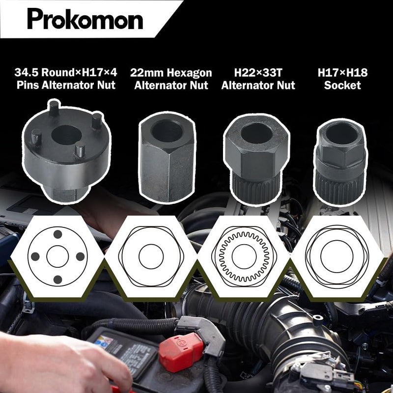 Prokomon 13 Pcs Alternator Pulley Tool Kit, Alternator Pulley Removal Tool, Insert Bit Socket Set Tool Kit – Car Pulley Removal Decoupling Puller - Image 5