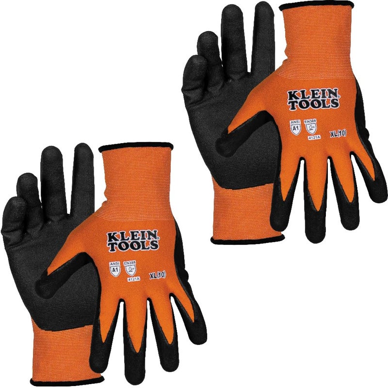 Klein Tools 60582 Work Gloves, Knit Dipped Cut Resistant ANSI A1 Nitrile Coated Gloves, Nylon-Spandex, Touchscreen Capable, X-Large, 2-Pair - Image 1