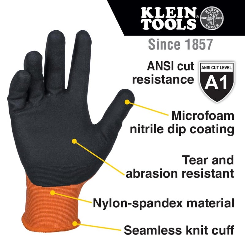 Klein Tools 60582 Work Gloves, Knit Dipped Cut Resistant ANSI A1 Nitrile Coated Gloves, Nylon-Spandex, Touchscreen Capable, X-Large, 2-Pair - Image 2